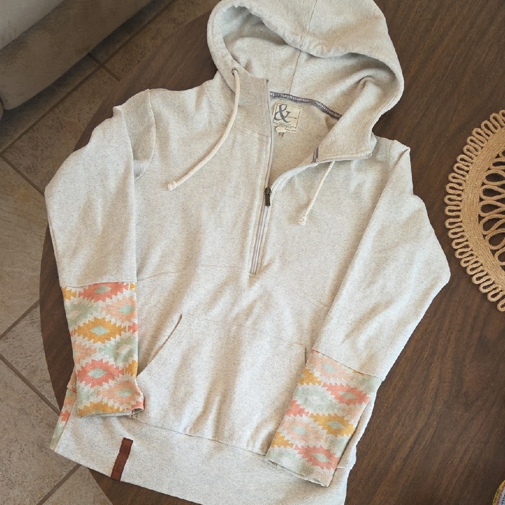 Ampersand Avenue Oatmeal Hooded Half-Zip Sweater with Aztec Accent Sleeves